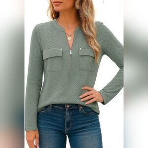 NEW Bulotus Sage Green Eyelet Lace Blouse Top Quarter Zip Cottage Gypsy Medium